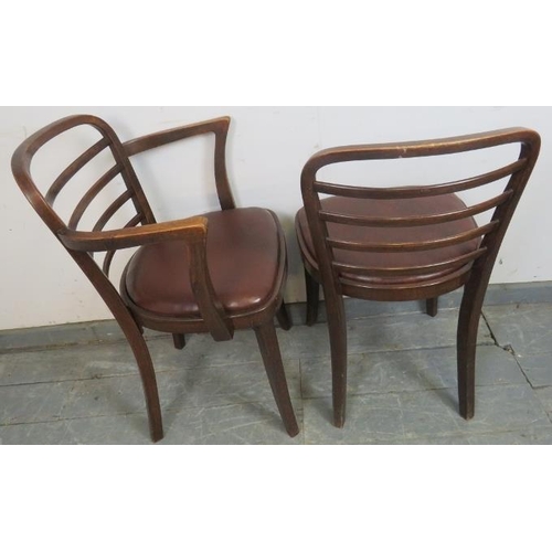 850 - Four (3+1) Art Deco dining chairs by Thonet, with drop-in seat pads upholstered in brown leatherette... 