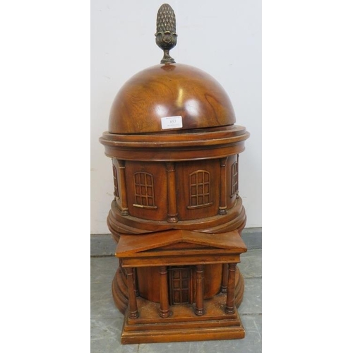 857 - A vintage walnut architectural model in the manner of Christopher Wren, with brass pineapple finial ... 