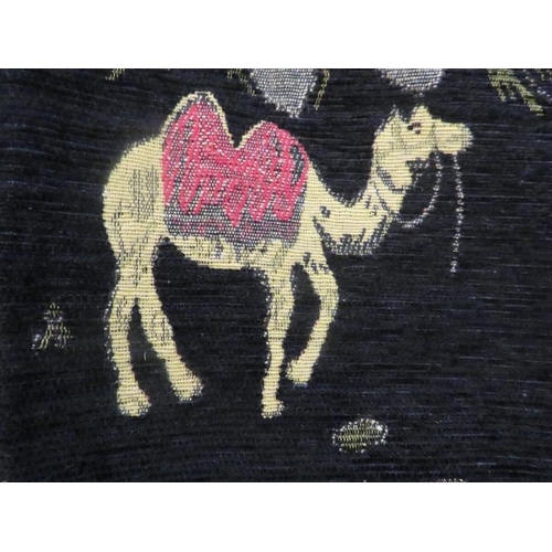 913 - Woven wall hanging, 7 bands of camels on blue and grey ground, red and beige banding tassels. 197cm ... 