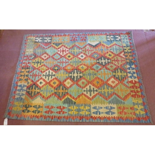 921 - Anatolian Turkish Kilim geometric pattern of sumptuous reds, greens and yellows, fringe.  198cm x 15... 