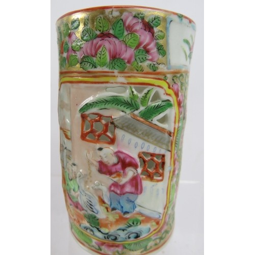 107 - A pair of 19th century Chinese Canton famille rose porcelain vases, cylindrical form with pierced an... 