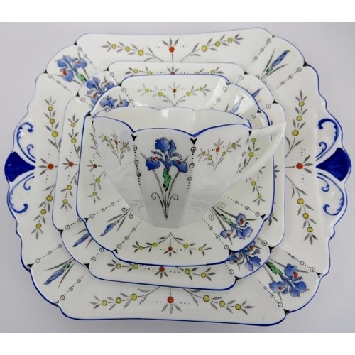 1 - A Shelley Art Deco 'Blue Iris' pattern thirty three piece part tea set in the 'Queen Anne' shape. Pa... 