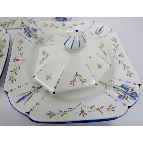 1 - A Shelley Art Deco 'Blue Iris' pattern thirty three piece part tea set in the 'Queen Anne' shape. Pa... 