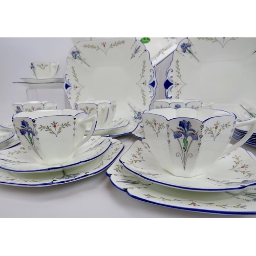 1 - A Shelley Art Deco 'Blue Iris' pattern thirty three piece part tea set in the 'Queen Anne' shape. Pa... 