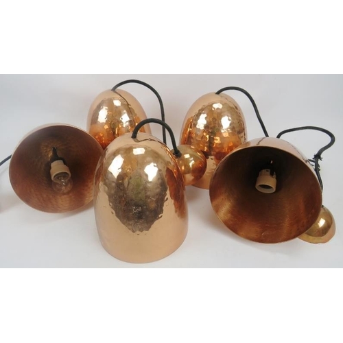 107 - Five copper lamp shades. Dome beaten design with matching fittings. Each 8