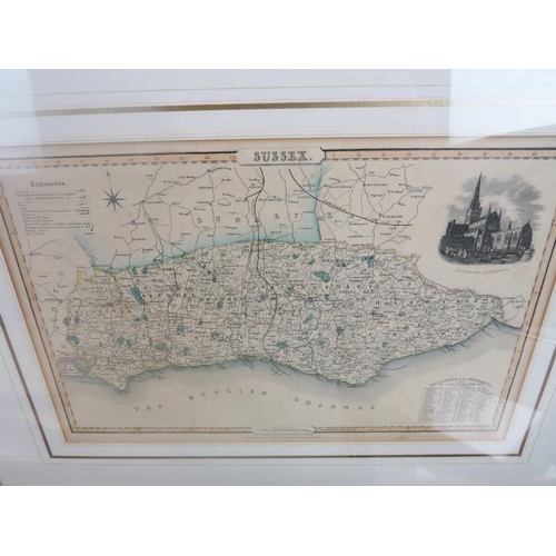 110 - Collection of six framed 19th century and 20th century maps of England, Kent, Yorkshire, Isle of Wig... 