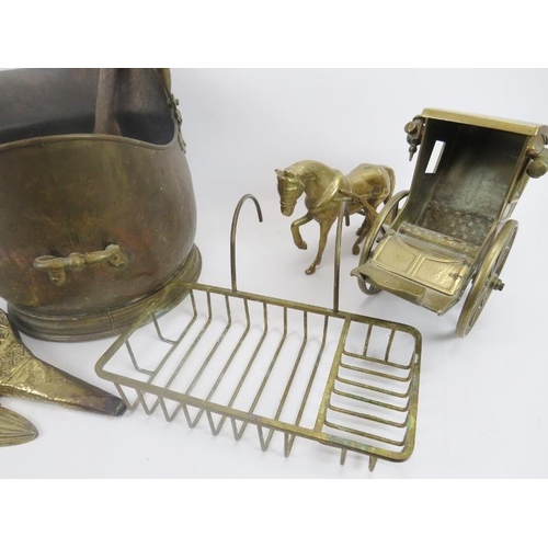 113 - Collection of copper and brassware, coal scuttle, art deco light fitting, bath rack, bellows, brass ... 