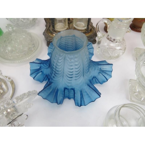 115 - Moulded blue glass lamp shade, moulded glass dishes and bowls, silver plated cruet, pair vases, etc.... 