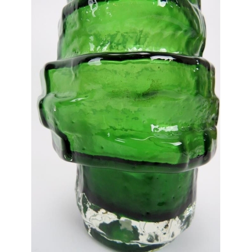 2 - A Whitefriars green glass 'hooped' vase designed by Geoffrey Baxter. Pattern number 9680. 11.4 in (2... 