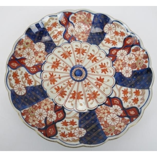 21 - A group of Japanese ceramics. Comprising a blue and white dish, 32cm diameter, an Imari fluted dish,... 