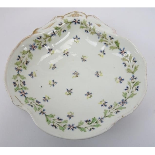 22 - A early 19th century Derby porcelain shaped dish and other items. Derby dish with painted factory ma... 