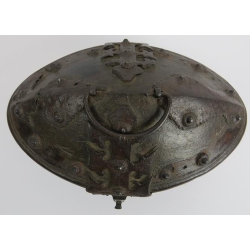 50 - A rare Continental iron clad wooden table casket, 16/17th century. Of oval form with a domed hinged ... 