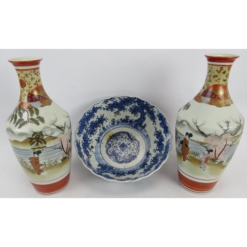 52 - A pair of Japanese late Meiji period Kutani ceramic vases, 31cm high, together with a Japanese Meiji... 