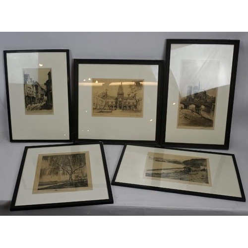 British School (early 20th century) - Five pencil signed sepia etchings ...