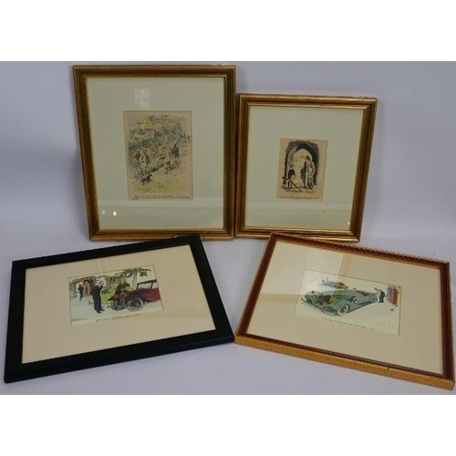 603 - Four c. 1930's colour prints, probably Punch, depicting motoring and shooting, some labels verso for... 