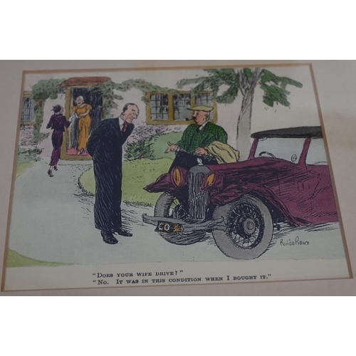 603 - Four c. 1930's colour prints, probably Punch, depicting motoring and shooting, some labels verso for... 