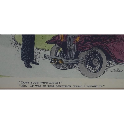 603 - Four c. 1930's colour prints, probably Punch, depicting motoring and shooting, some labels verso for... 