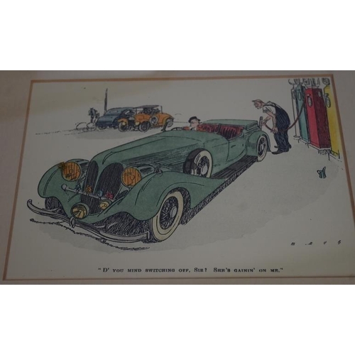 603 - Four c. 1930's colour prints, probably Punch, depicting motoring and shooting, some labels verso for... 