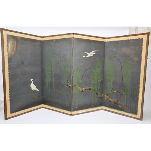 605 - Japanese School (1920's) - A hand-painted four-fold table screen, a serene depiction of cranes amids... 