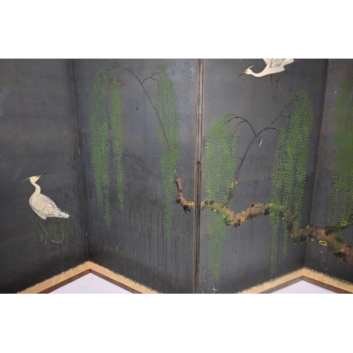 605 - Japanese School (1920's) - A hand-painted four-fold table screen, a serene depiction of cranes amids... 