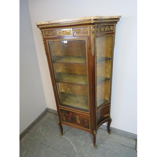 704 - An antique French mahogany ormolu mounted vitrine in the manner of Vernis Martin with white marble t... 