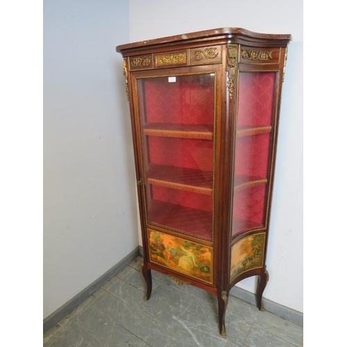 705 - A vintage mahogany vitrine in the manner of Vernis Martin with ormolu mounts and red marble top, the... 