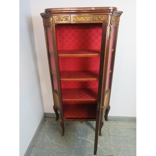 705 - A vintage mahogany vitrine in the manner of Vernis Martin with ormolu mounts and red marble top, the... 