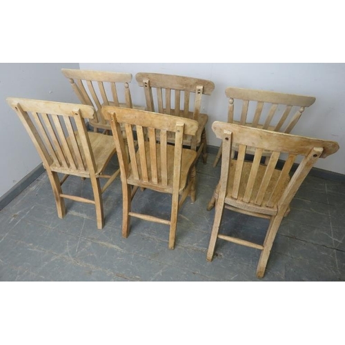 723 - Four antique bleached elm and beech farmhouse kitchen chairs and two similar slatback chairs, on tur... 