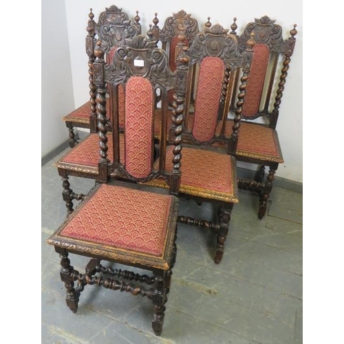 728 - A set of six 19th century oak dining chairs in the 17th century taste, with onion finials and barley... 