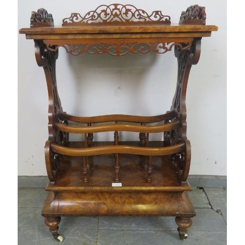 734 - A Victorian burr walnut two-tier Canterbury whatnot, with carved and pierced ¾ gallery and side supp... 