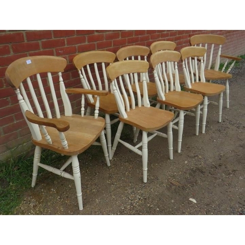 748 - A set of eight (6+2) beech farmhouse kitchen chairs, on turned canted supports with an ‘H’ stretcher... 