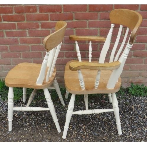 748 - A set of eight (6+2) beech farmhouse kitchen chairs, on turned canted supports with an ‘H’ stretcher... 