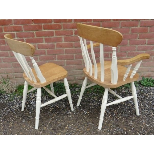 748 - A set of eight (6+2) beech farmhouse kitchen chairs, on turned canted supports with an ‘H’ stretcher... 