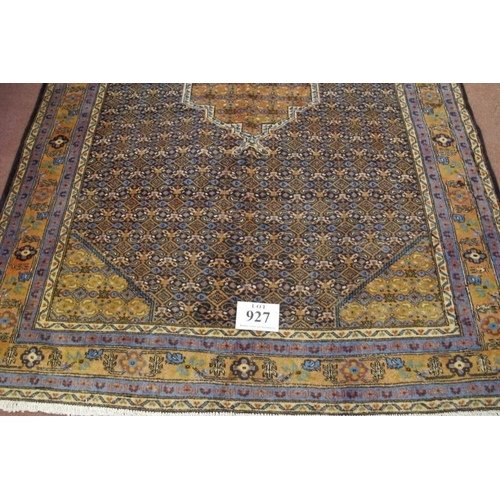 927 - A good Persian Tabriz rug, with central motif on a patterned field, pastel blue-yellow-cream. 197cm ... 