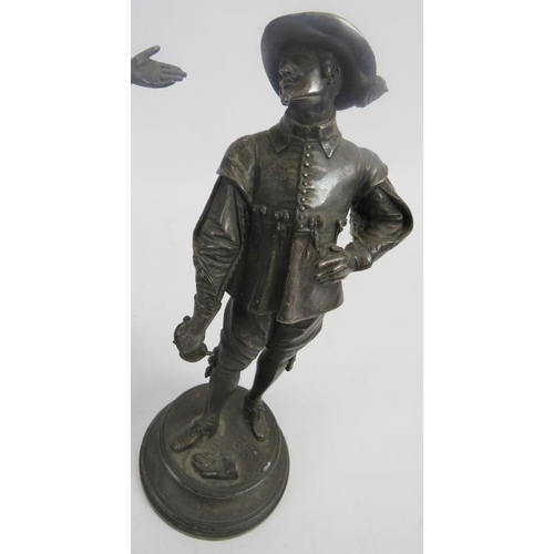 253 - After E. Guillemin (1841-1907) pair of silver plated bronze standing musketeers. Impressed name to c... 