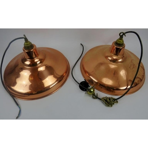 263 - Pair of modern lamp shades copper and painted, ceiling hanging with fittings. 15