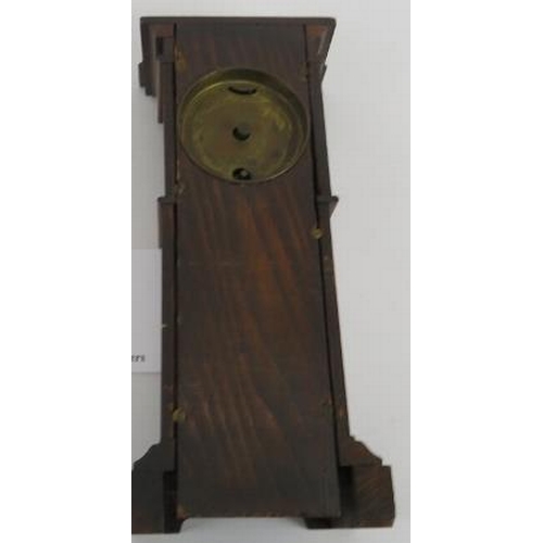 266 - Miniature long case clock, walnut, traces of gilding to etched panel, not tested, 18cm height. 
Cond... 