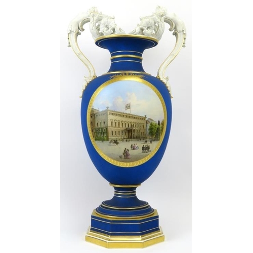 1 - A Berlin KPM twin handled porcelain vase, 19th century. The ovoid body incorporated with a detailed,... 