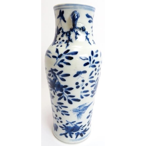 100 - A Chinese blue and white porcelain twin handled vase, 19th century. The twin handles with blossoming... 