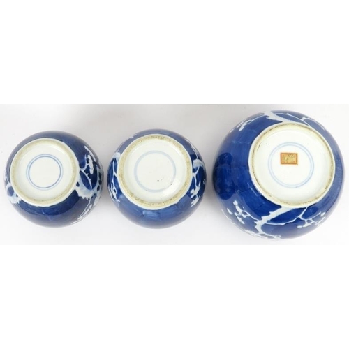 109 - Three Chinese blue and white ginger jars, 19th century. Each of ovoid form graduating in size, decor... 