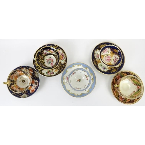 11 - Five English porcelain teacups and saucers, early/mid 19th century. Spode examples included. Each ha... 