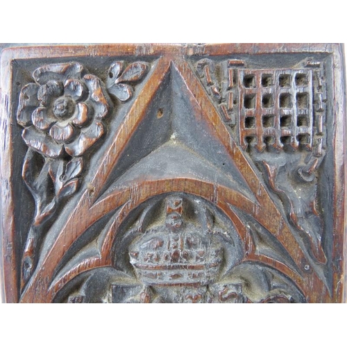 13 - A Henry VIII carved English oak plaque, 16th century or later. Carved with King Henry VIII’s coat of... 