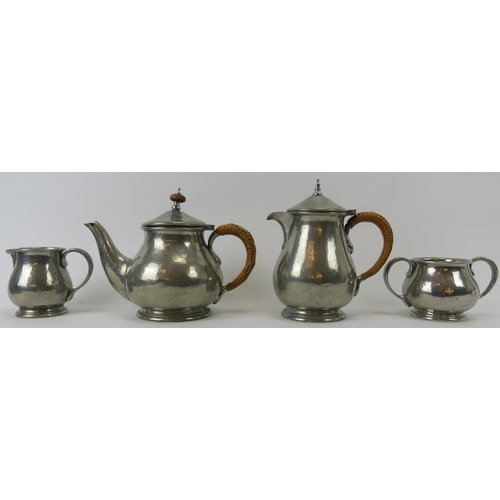 244 - Liberty and Co, English pewter 4 piece tea set, 1372. Hammered surface. Raffia handle to tea pot. Wa... 