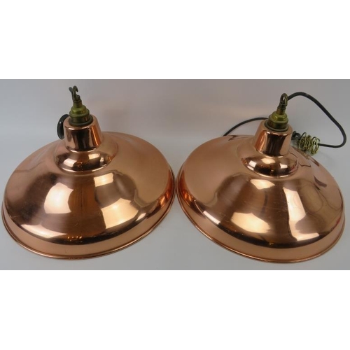 263 - Pair of modern lamp shades copper and painted, ceiling hanging with fittings. 15