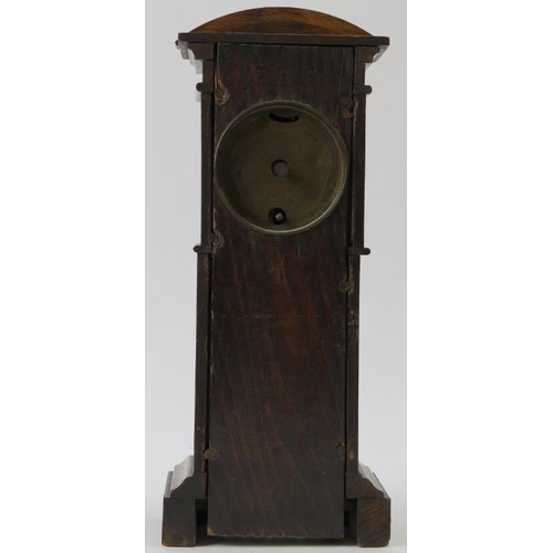 266 - Miniature long case clock, walnut, traces of gilding to etched panel, not tested, 18cm height. 
Cond... 