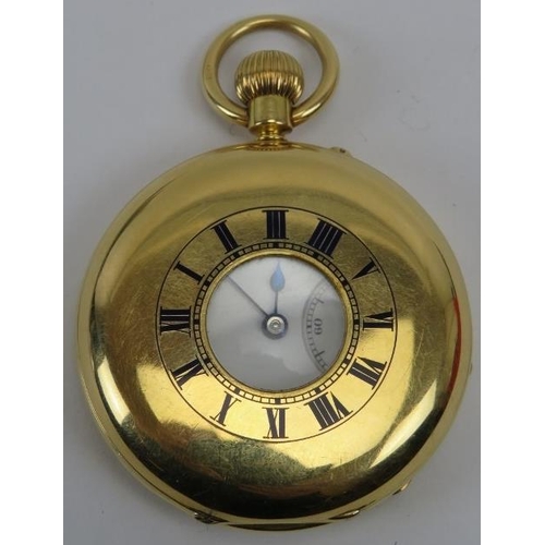 268 - 18ct yellow gold Victorian half hunter pocket watch. Blue enamelled Roman numeral hour markers to th... 