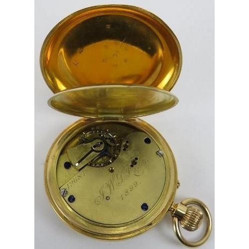 268 - 18ct yellow gold Victorian half hunter pocket watch. Blue enamelled Roman numeral hour markers to th... 