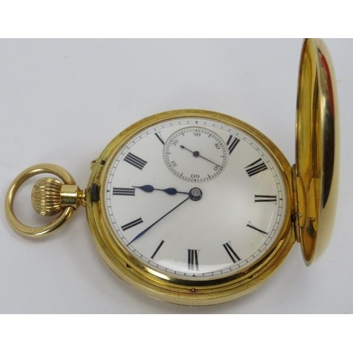 268 - 18ct yellow gold Victorian half hunter pocket watch. Blue enamelled Roman numeral hour markers to th... 