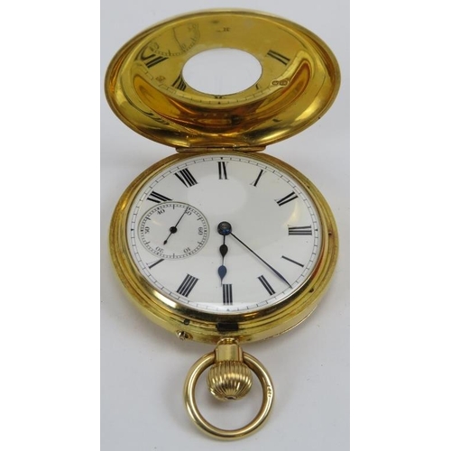 268 - 18ct yellow gold Victorian half hunter pocket watch. Blue enamelled Roman numeral hour markers to th... 