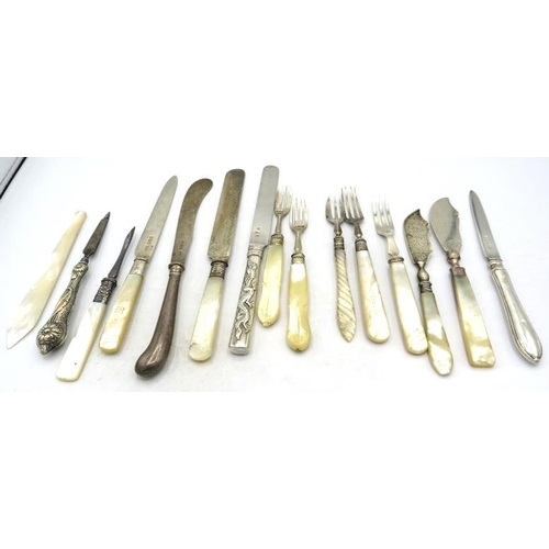 328 - An assortment of mainly silver fruit knives & forks with mother of pearl handles, a Chinese knife wi... 